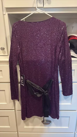 Express purple sequins long sleeve tie waist dress thumbnail 3