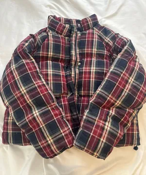 Cider Plaid Puffer Jacket in Burgundy and Navy thumbnail 1