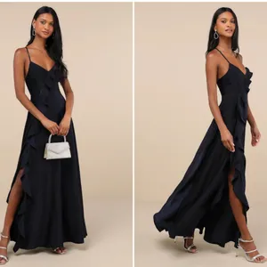 LULU's Sexy Prom Wedding Bridesmaid Satin Elegant Navy Maxi Dress thumbnail 2