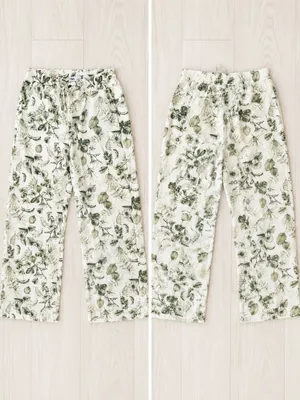 Zara Floral Print High-Waist Drawstring Wide Leg Trousers Ecru Green Sz S thumbnail 2