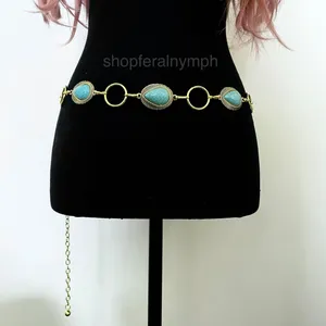 Gold Y2K Turquoise Western Boho Chain Belt, Fits 25.5-44.5 Inches, X7GA1271 thumbnail 4