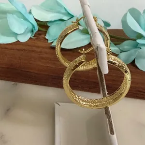 14K Gold Plated XP Hoop Earrings Greek Fretwork‎ Pattern Latch thumbnail 4
