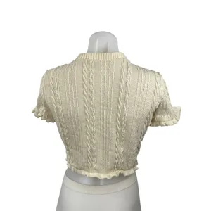 Zara Women's Cream Cable Knit Short Sleeve Button Down Sweater Crop Top Size M thumbnail 4