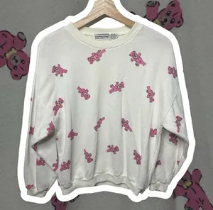 Pink Teddy Bear Vintage White Crewneck Lightweight Long Sleeve Sweater Small / S thumbnail 1