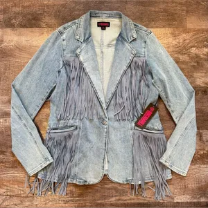 NWT Rock & Roll Denim Fringe Denim Blazer Jacket Western Rodeo Cowgirl Boho XL thumbnail 1