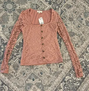 Ultra Flirt Dusty Rose Lace Button-Front Long Sleeve Top thumbnail 1