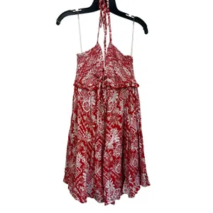 Angie Red White Floral Halter Dress M Smocked‎ Bodice Summer Boho Sundress Sz M thumbnail 2