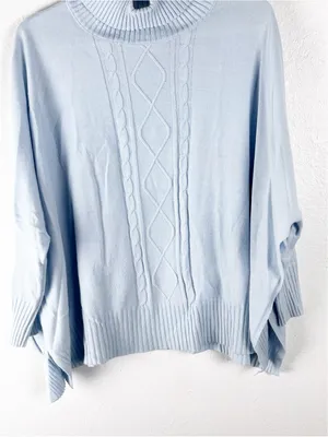 MERSEA Aberdeen Light Blue Cable Knit High Side Slits Poncho Sweater One Size thumbnail 10