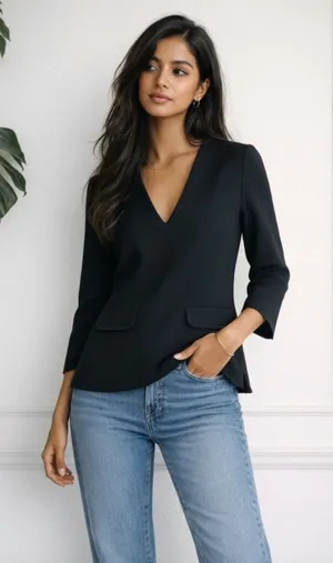ZARA Structured Crepe V-Neck Top - Black | Minimalist Chic thumbnail 1