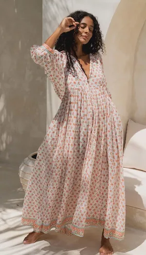 Daughters of India Kyra Coral Floral V-Neck Maxi Dress 3/4 Balloon Sleeve S thumbnail 1