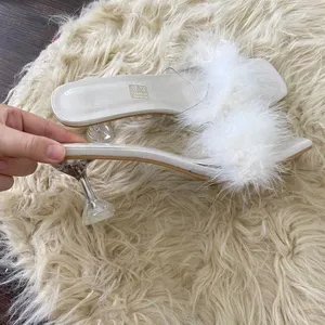 NWOT White Fluffy Faux Fur Square Toe Clear Kitten Heel Mules Heels US 10 thumbnail 3