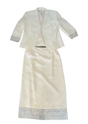 Talbots 100% Silk Cream Skirt Jacket Suit Set Size 8 Petite Lace Trim thumbnail 1