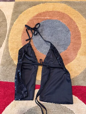 NWOT Ediked Estelle Open Back Sequin Top Black Tie Back Very Low Cut Size XS thumbnail 2