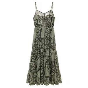 AKIRA Olive Sage Printed Spaghetti-Strap Maxi Dress thumbnail 6