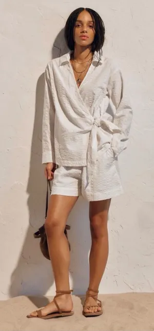 Free People FP Beach Indie White Textured Wrap Shirt Tie Waist Top Large thumbnail 1
