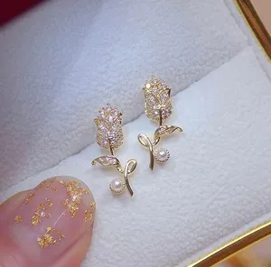 Women's Rose Flower Gold Stud Earrings thumbnail 1