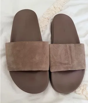 AllSaints Karli Suede Slides Brown Taupe Perforated Logo Sandals ZW0187 Size 8 thumbnail 1