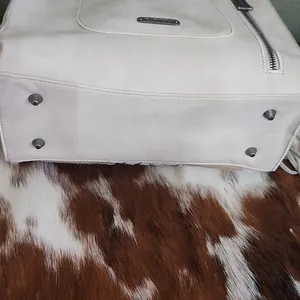 Neutral Cowhide Fringe Satchel Tote - Stylish Everyday Bag thumbnail 8