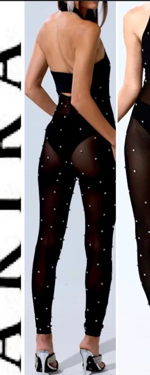 Akira NWT black sexy Alex mock neckline backless Rhinestone Mesh Jumpsuit XL thumbnail 1