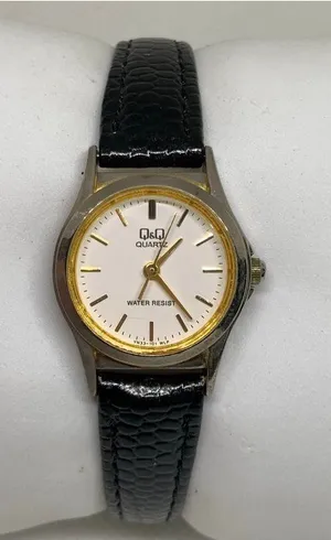 Vintage Q&Q women’s watch 22mm gold tone black leather band up to 7” running thumbnail 1