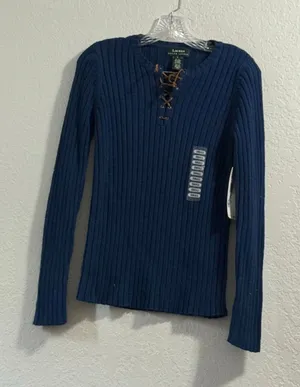 Vintage Lauren Ralph Lauren Womens Rib Knit Sweater Leather tie S New thumbnail 1