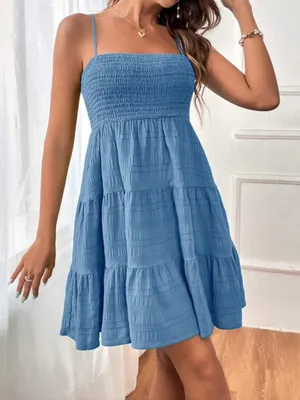 Soleia Women's Solid Color Shirred Bodice Tiered Mini Dress in Blue BRAND NEW thumbnail 5
