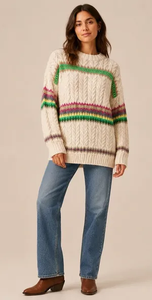 American Eagle Cream Cable Knit Fair Isle Striped Oversized Sweater Women Medium thumbnail 1