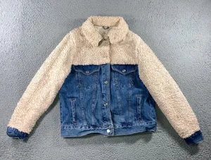 Topshop Denim Jacket Womens 6 Small Blue Cream Borg Fleece Mixed Media Trucker thumbnail 1