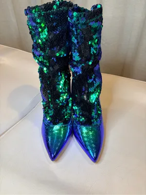 Liliana Iridescent Blue-Green Sequin Pointed Stiletto Boots thumbnail 4