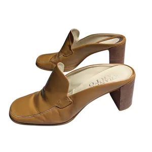 Vtg 1990s Franco Sarto Camel Tan Leather Block Heel Square Toe Mules Sz 8.5 thumbnail 7