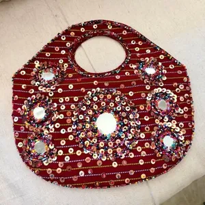 Red embroidered, beaded sequins and mirror work purse cloth clutch 10x6 inch thumbnail 1