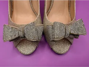 Lauren Lorraine Gold Pump Heels Bow Glitter Peep Toe Slip On Size 9 thumbnail 7