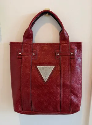 GUESS Y2K Burgundy Monogram Hand Bag Signature Silver Triangle Rhinestone Logo thumbnail 1
