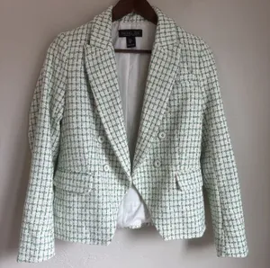 Rachel Zoe Womens Tweed Blazer Small Green White Double Breasted Jacket Plaid thumbnail 1