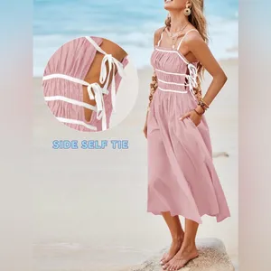 NEW Pink Cotton Spaghetti Strap Dress Tie Smocked Vacation Beach Midi Dress M thumbnail 2