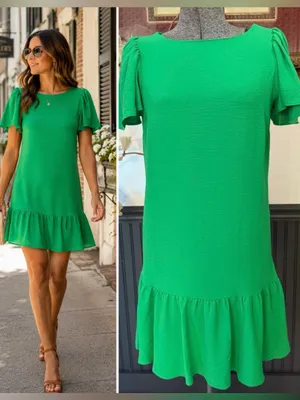 DKNY Kelly Green Drop Waist Flutter Sleeve Ruffle Hem Dress Size 2 💚🍄 thumbnail 2