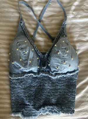 Blue denim Top with Rhinestones and Pearls thumbnail 1