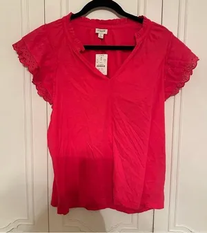 NWT J Crew Sz Large Women's Hot Pink (not red) Ruffle Sleeve Top thumbnail 1