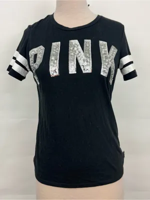 Victoria’s Secret PINK Sequin Bling Logo Black Tee striped short sleeve tee S thumbnail 1