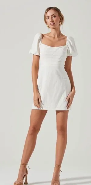ASTR the Label White Puff Sleeve‎ Linen Mini Dress Large Graduation Milkmaid thumbnail 1