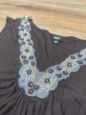 MOSSIMO Vintage 2000s Y2k Brown Lace Trim Embroidered Tank Top | Size Medium thumbnail 2