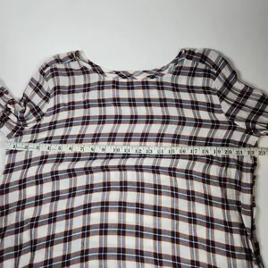 LOFT Autumn Plaid Blouse Softened Roll Tab Sleeve Crew Neck Cream Brown Rayon L thumbnail 7