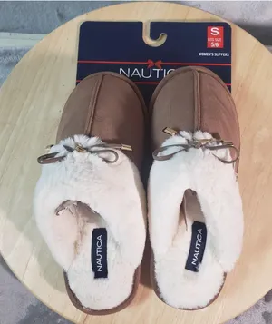 Nautica Women's Slip-On Slippers Brown Faux Fur Lined Bow Accent Size 5/6 thumbnail 1