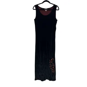 Vintage Black‎ Burgundy Velvet Floral Embroidered Boho Whimsigoth Maxi Dress S thumbnail 3