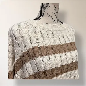 Pilcro Anthropologie M Cream Tan Stripe Cable Knit Sweater Oversized‎ Cozy Cabin thumbnail 6