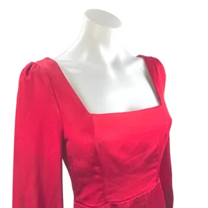 Lulus Women Red Silk Satin Long Puff Sleeve Square Neck Mini Sheath Dress Size S thumbnail 3