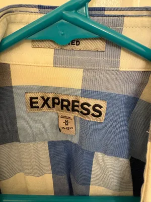 Express Men's Business Blue & White Checkered Plaid Button Down Dress Shirt thumbnail 4