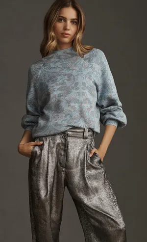 By Anthropologie blue paisley metallic Beatriz mock neck sweater size medium thumbnail 1