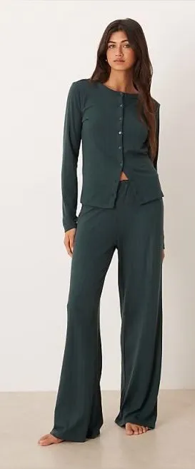 Abercrombie & Fitch Pointelle Pyjama Cardigan Co-ord in Green Medium thumbnail 1