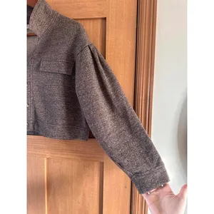 Double Zero Cropped Button Up Long Sleeve Shacket Sweater Heathered Brown Large thumbnail 3